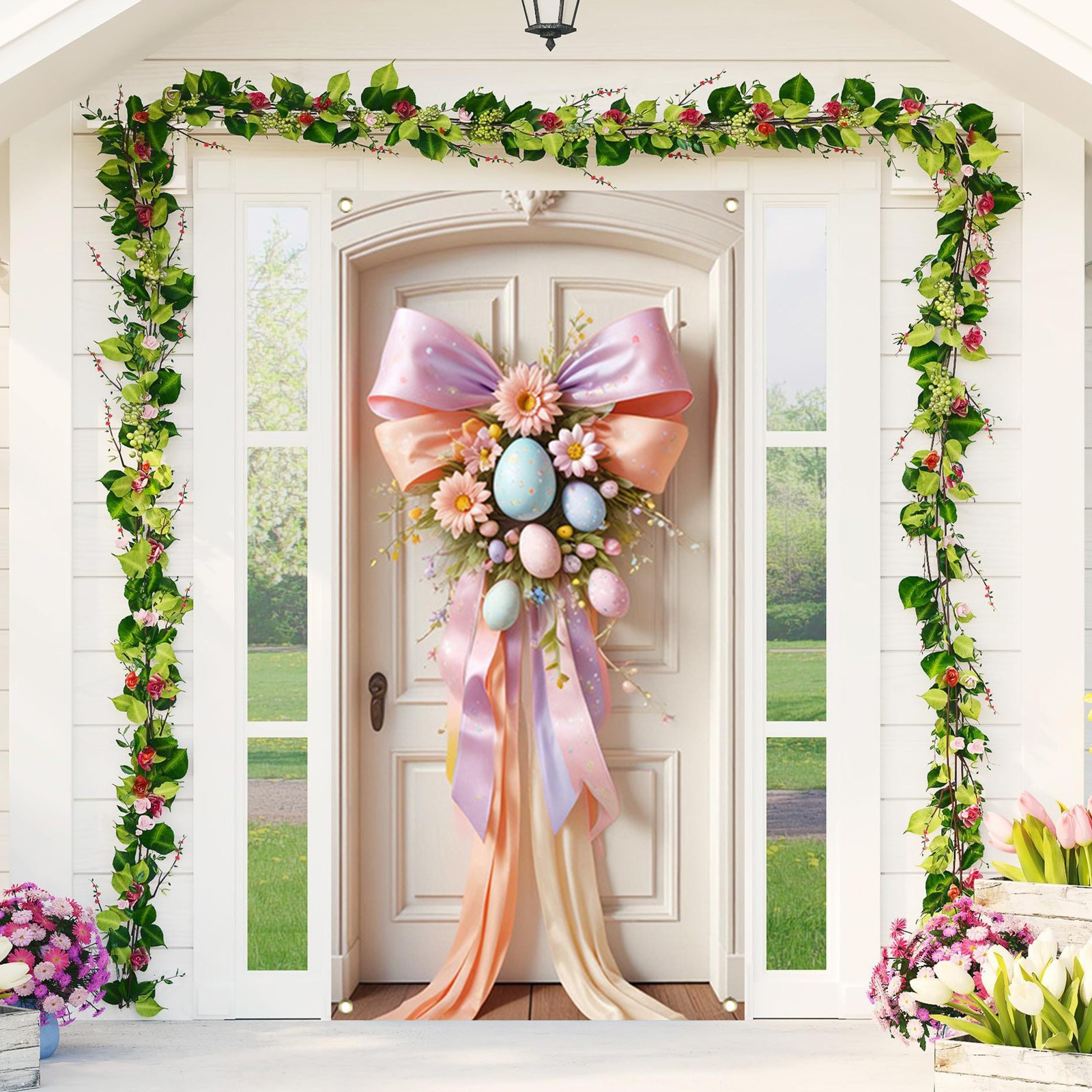hengsof Happy Easter Door Cover Bunny Banner Large Fabric Colorful Spring Welcome Decoration for Easter Party Photo Booth Background Favor Supplies